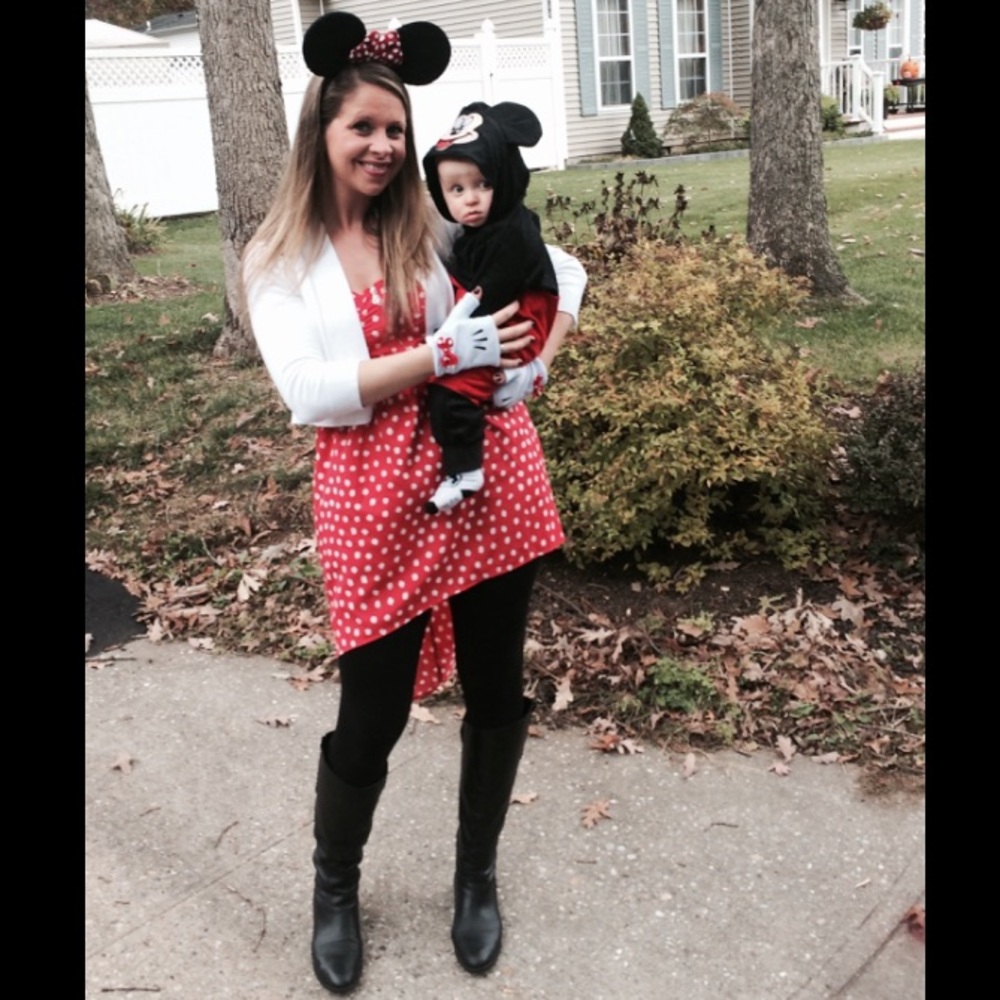Red/pink polka dot high/low strapless dress